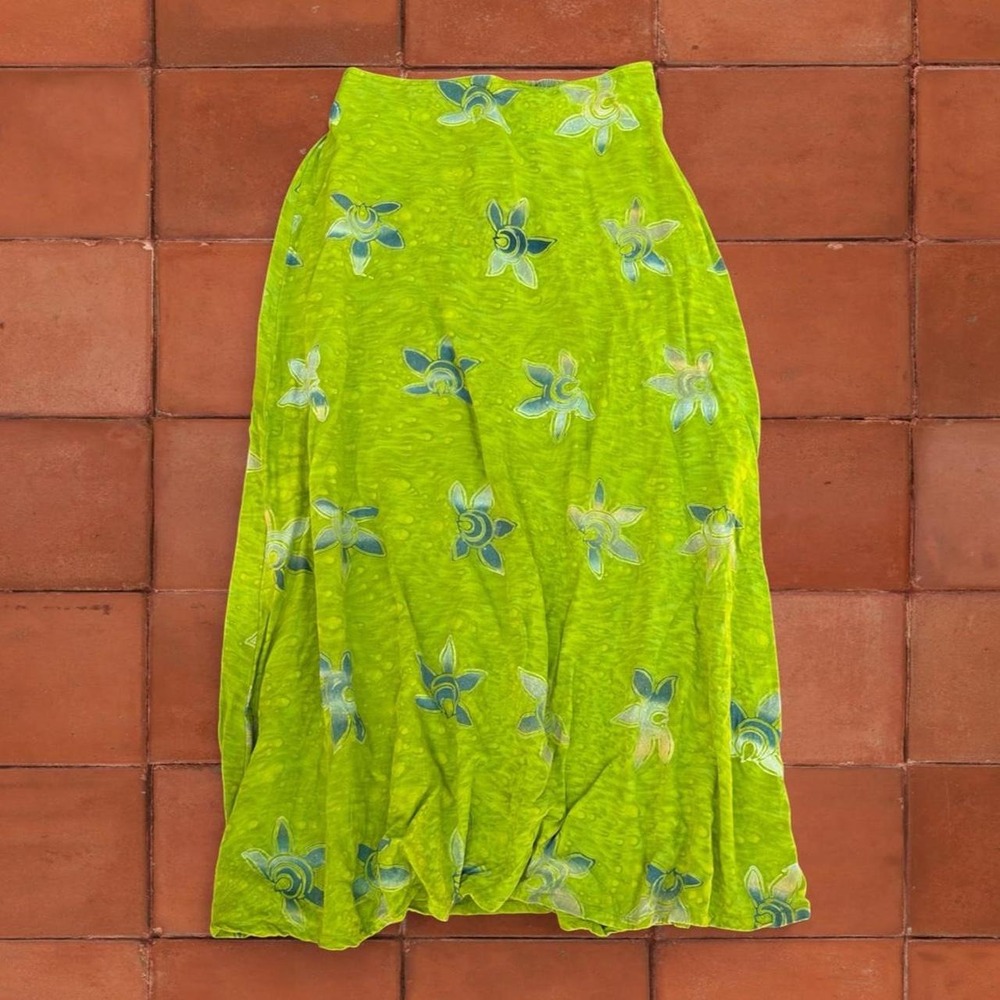 Vintage 90's Tropical Tantrum Hand-painted Batik Lime Midi Skirt